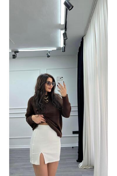 Daves Ekru Beli Lastikli Yırtmaçlı Kısa Etek