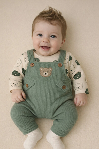 moukou Baby Boy Cotton Teddy Bear Salopet and Badi Set with Socks as a Gift