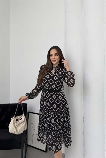 Dipmoda Women's Black Geometric Pattern Mock Neck Tie Detail Chiffon Lining M...