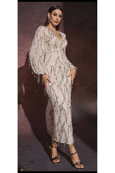 hilaltrendd Hilal Trend V Yaka Saçaklı Pulpayet İşlemeli Abiye Elbise