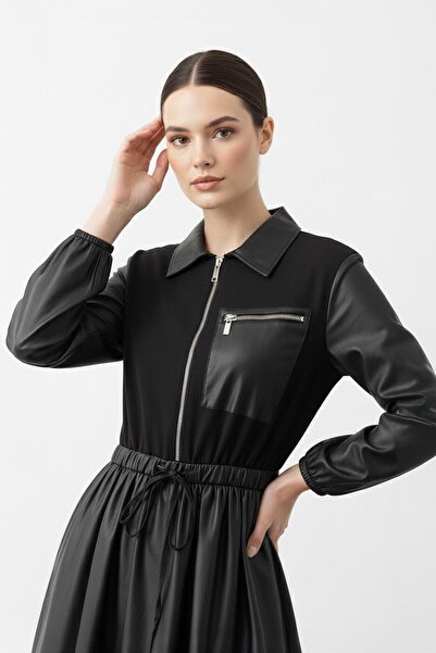 Puane Zippered Leather-Look Long Dress-12663 - Black