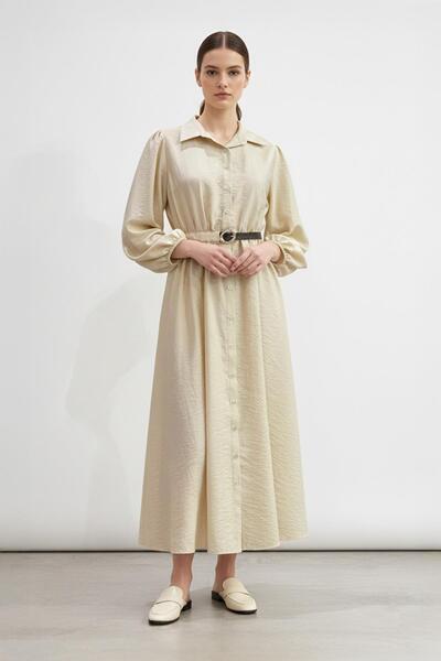 Soul Belt Detailed Buttoned Long Dress-32449 - Stone