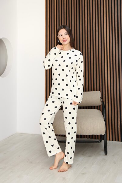 Arvin Pijama Women's White Polka Dot Soft Textured Flowy Winter Thermal Comfo...