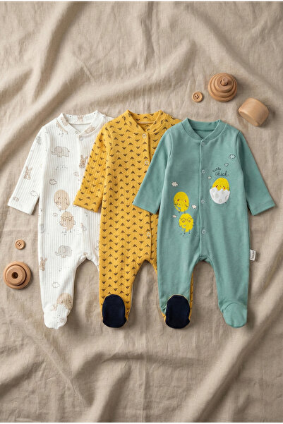 Noone Cotton 3-Piece Footed Baby Romper Set - Chick, Elephant, and Geometric ...