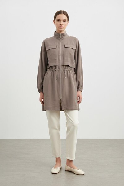 Puane Jachetă de damă cu fermoar guler ridicat cu talie adunată-15260 - MINK