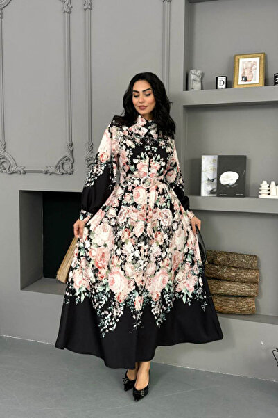 Dipmoda Women Imported Fabric Full Buttoned with Belt Black Floral Pattern De...
