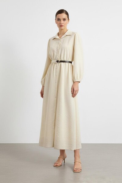 Soul Belt Detailed Buttoned Long Dress-32449 - Ecru