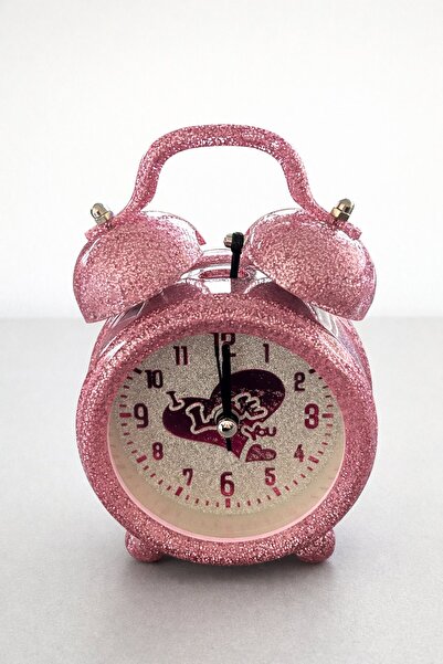 TAKIŞTIR Pembe Renk Simli Mini Dekoratif Işıklı Alarmlı Yuvarlak Masa Saati