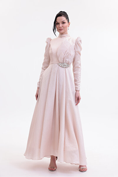 BDM Exclusive Şifon Çiçek Detaylı Taş Kemerli Uzun Kollu Abiye Elbise