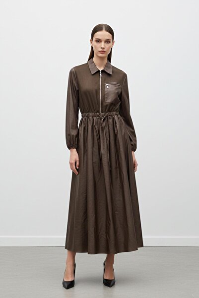 Puane Zippered Leather-Look Long Dress-12663 - Brown