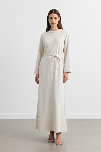 Puane Women's Basic Waist Detailed Long Sleeve Scuba Dress-12672Elb - Beige