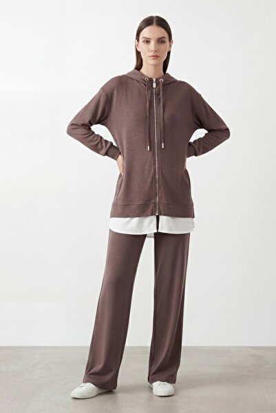 Puane Women's Hooded Zippered Tunic Trousers Set-14427 - Brown