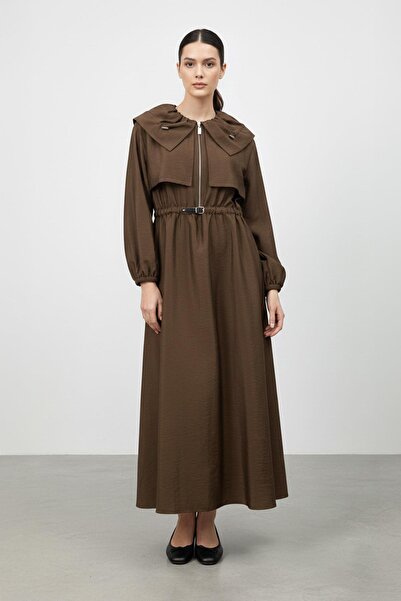Soul Women's Zippered Waist Belted Long Dress-32451 - Brown