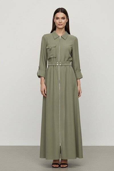 Puane Women's Zippered Shirt Collar Waist Belted Long Dress-12667 - Khaki