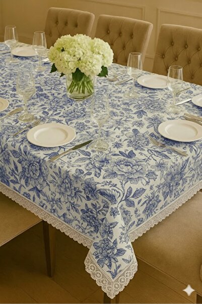 Rona Home Mavi Çiçekli Güpürlü Duck Kumaş Masa Örtüsü Leke Tutmaz Şık Dekorat...