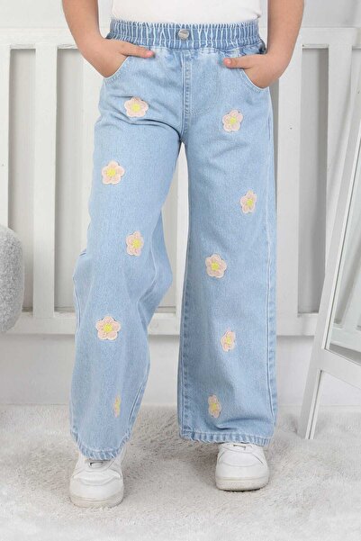Butik Kız Çocuk Çiçek Nakışlı Geniş Paça Kot Pantolon