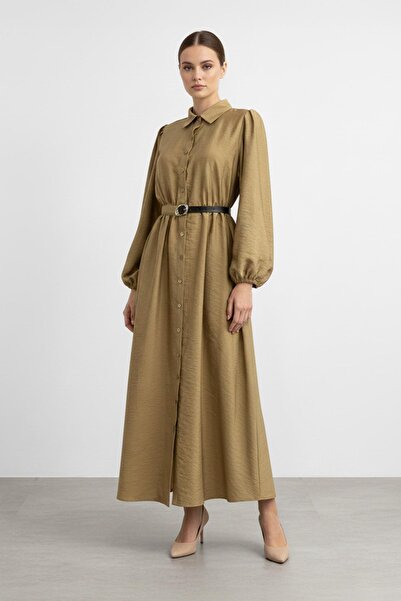 Soul Belt Detailed Buttoned Long Dress-32449 - Mink