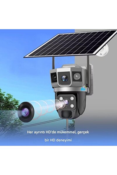 ALFAS 4G SIM Solar Panelli Güneş Enerjili Su Geçirmez 6MP 3 Kameralı Güvenlik Kamerası V380 Pro