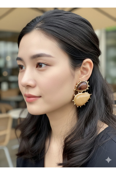 She Combines Women's Gold Plated Brown Stone Detailed Dangle Earrings – Styli...