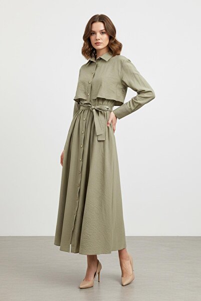 Soul Women's Shirt Collar Buttoned Waist Tied Long Dress-32454 - Khaki