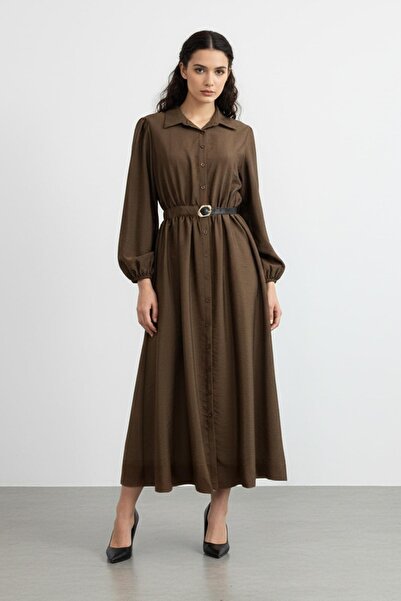 Soul Belt Detailed Buttoned Long Dress-32449 - Brown
