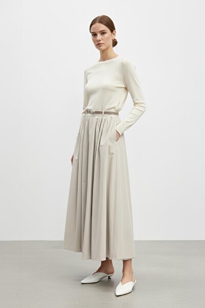 Soul Belt Detailed High Waist Long Pleated Women's Skirt-32463 - Stone