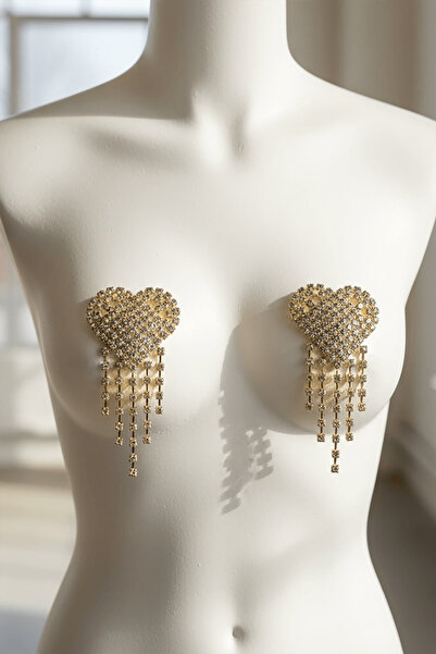 TAKIŞTIR Altın Renk Kalp Figürlü Taş Detaylı Tasarım Göğüs Ucu Aksesuar / Fan...