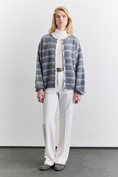 Manuka Soft Textured Buttoned Cardigan with Grey Stripes