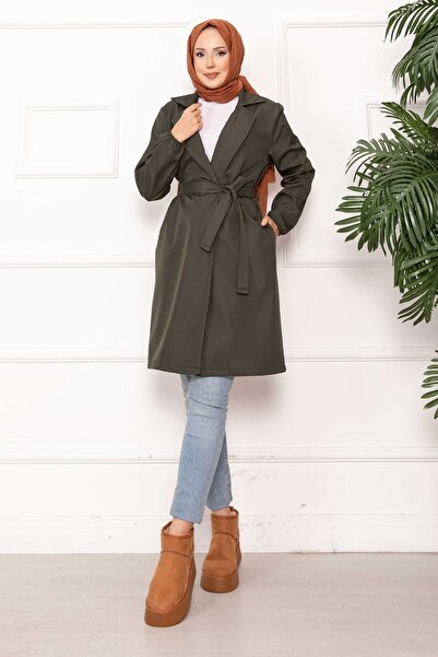 EBRUTESETTÜR Double-Breasted Collared Belted Relax Trench Coat Khaki