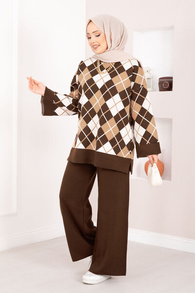EBRUTESETTÜR Milano Baklava Pattern Hijab Knitwear Set Brown