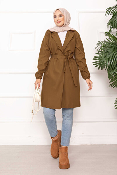 EBRUTESETTÜR بأزرار على الجهتين ترنش كوت ريلاكس بحزام على شكل ياقة، لون أسمر