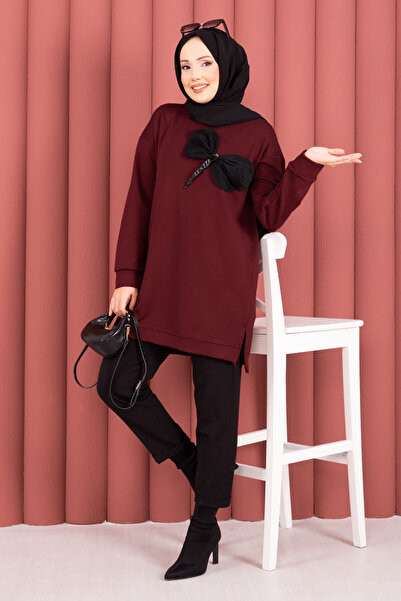 EBRUTESETTÜR Bow Detailed Stone Embroidered Soft Hijab Tunic Burgundy