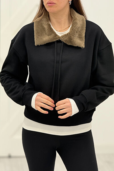 Act Pepicino Kids&Boutique Siyah Yakası Peluş Detay Sweatshirt 17403