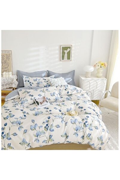 OEM Lenjerie de pat dublă, Flori albastre, 2 persoane, 240x250cm, Finet, Alb-...