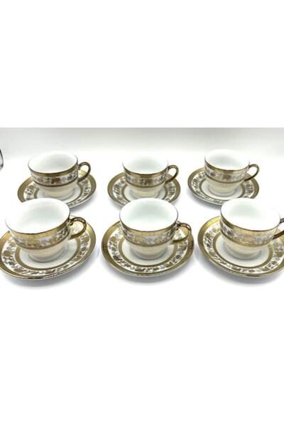 OEM Set căni și farfurii, ceramică, model vintage cu detalii aurii, 150ml, al...