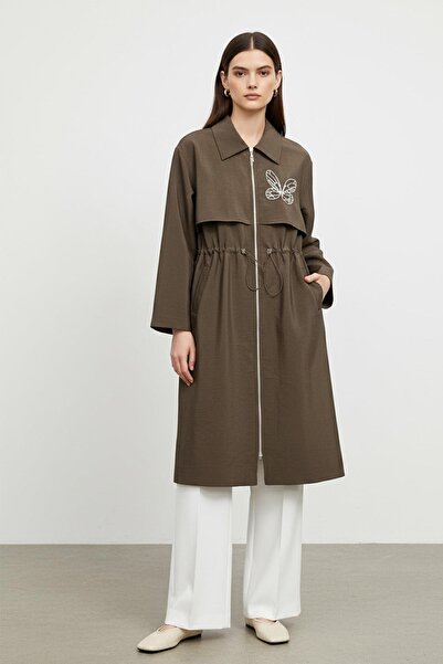 Puane Women's Zippered Waist Drawstring Long Coat-15257 - Brown