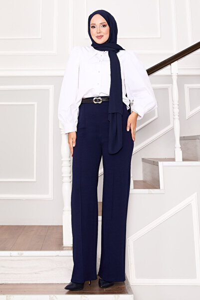 EBRUTESETTÜR piped Navy Blue on the Front, Palazzo Pants Elastic Waist