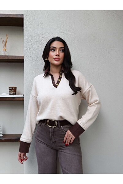 ESRAHELVACI Snap Fastener Denim Detail Knitwear Sweater