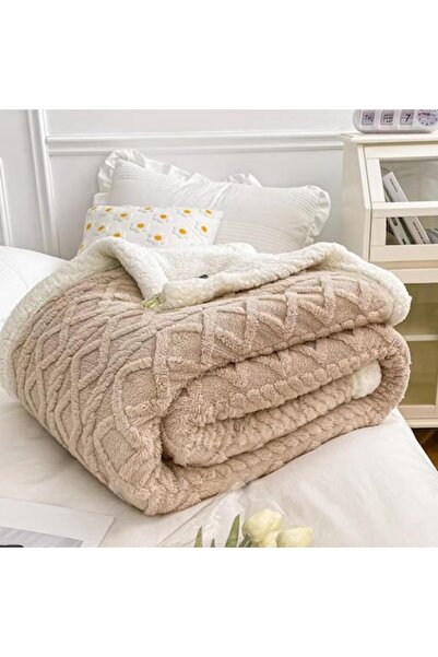 OEM Thick Cocolino Blanket with Fur, 200x230cm, Knitted Type, Dark Beige