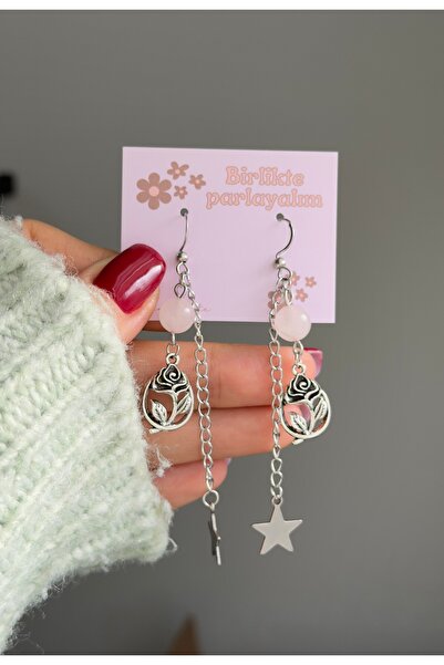 WhimsyWhite Vintage Rose and Star Detailed Long Steel Earrings, Handmade Eleg...