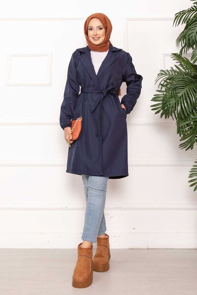 EBRUTESETTÜR Double-Breasted Collared Belted Relax Trench Coat Navy Blue