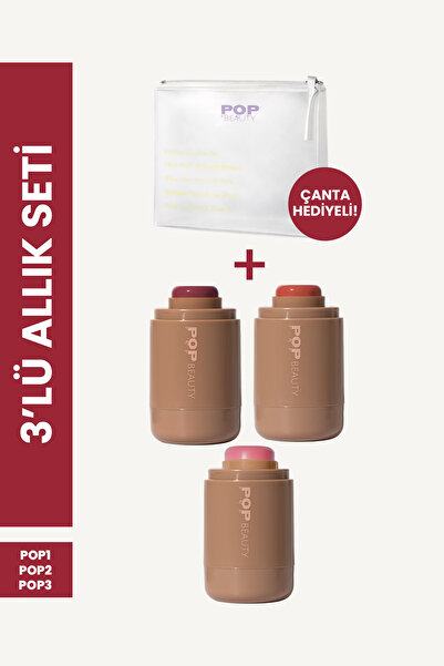 POP Beauty Yanak ve Dudak Renklendirici Stick Allık Seti (3 Renk Allık Ve Mak...