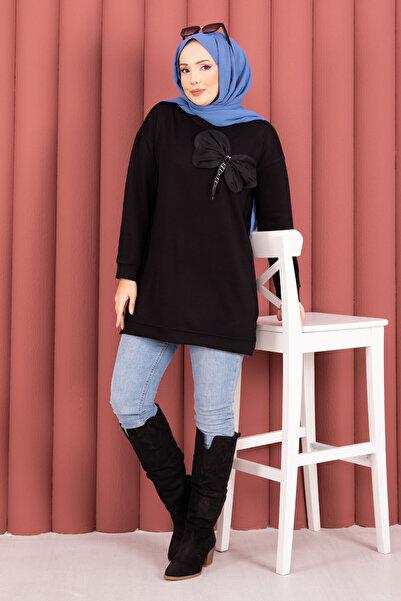 EBRUTESETTÜR Bow Detailed Stone Embroidered Soft Hijab Tunic Black