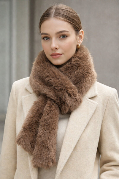 Luna MANGO KUMAŞ KAHVE SUNİ KÜRK PELUŞ ATKI BOYUNLUK