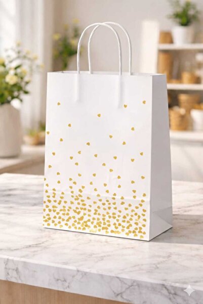 HDF PAZARLAMA نمط قلب كونفيتي أبيض 18*8*24 حقيبة كرافت بيضاء 25 قطعة