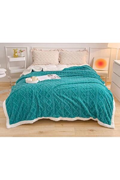 OEM Pătură cu fleece pentru pat dublu, model tricotat, Uni, 200X230cm, turcoaz