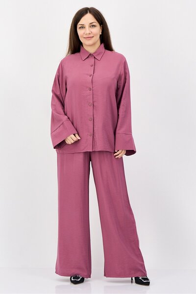Bebe Women 2 Pcs Long Sleeve Shirt And Wide Leg Pants Set, Old Rose