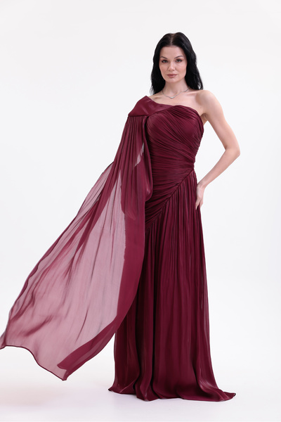 BDM Exclusive Parlak Şifon Drape Kollu Tek Omuz Premium Abiye Elbise