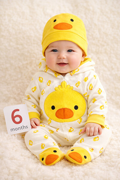 BYMURAT BABY Minik Civciv Neşesi – %100 Pamuk Aylık Bebek Tulum & Bere Seti