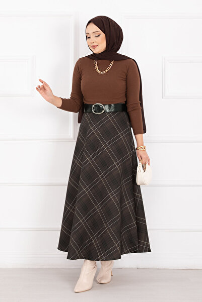 EBRUTESETTÜR Plaid Pattern Scuba Skirt Brown